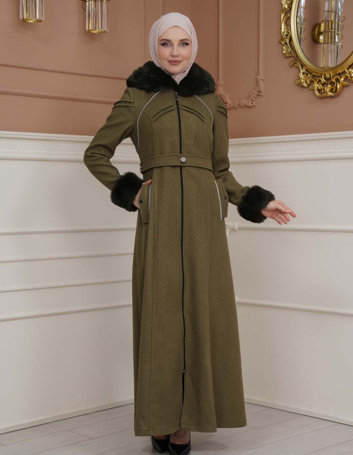 FURRY SLEEVE AND HOOD HIJAB TOPCOAT 1356 - khaki