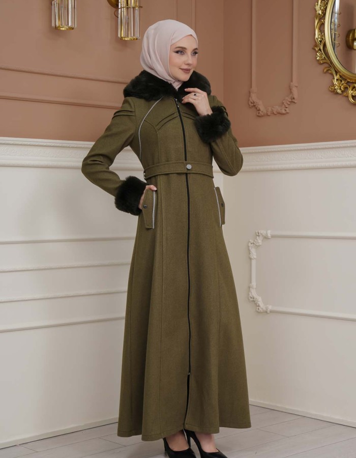 FURRY SLEEVE AND HOOD HIJAB TOPCOAT 1356 - khaki