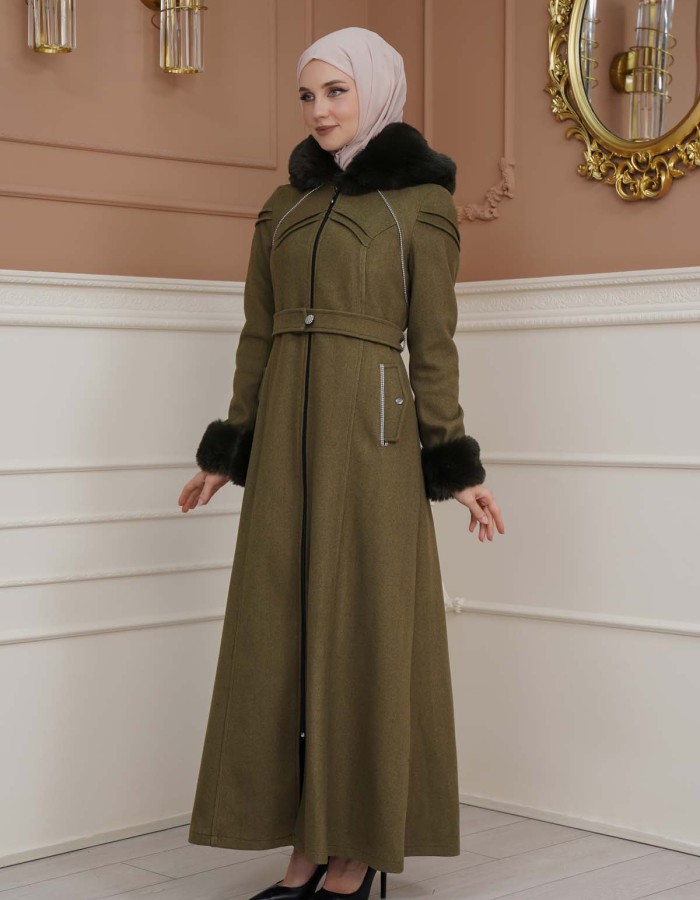 FURRY SLEEVE AND HOOD HIJAB TOPCOAT 1356 - khaki