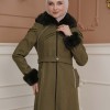 FURRY SLEEVE AND HOOD HIJAB TOPCOAT 1356 - khaki