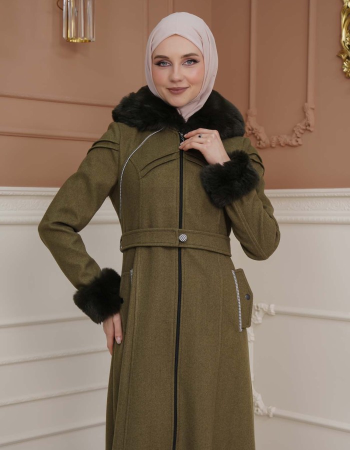 FURRY SLEEVE AND HOOD HIJAB TOPCOAT 1356 - khaki