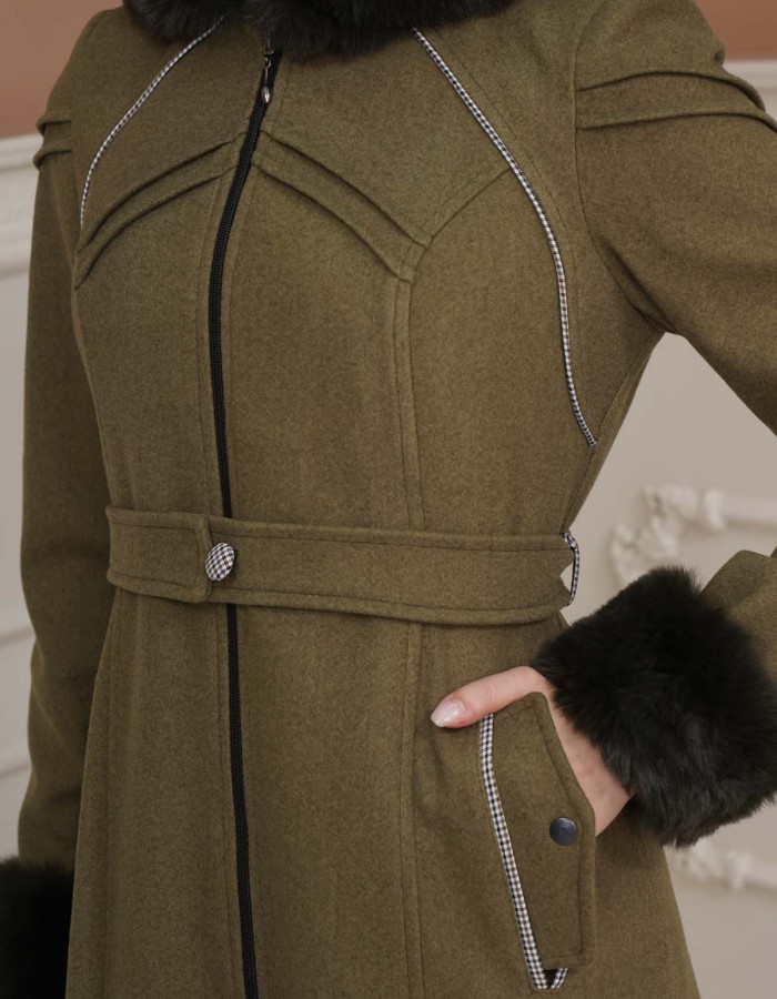 FURRY SLEEVE AND HOOD HIJAB TOPCOAT 1356 - khaki