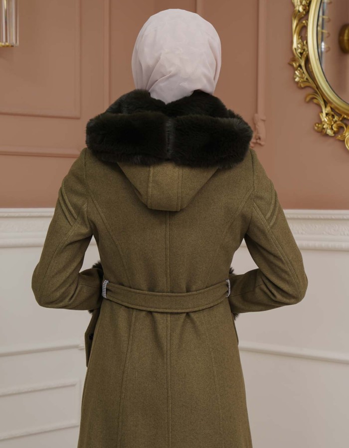 FURRY SLEEVE AND HOOD HIJAB TOPCOAT 1356 - khaki
