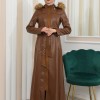 Edler Ledermantel mit Wildleder-Details und abnehmbarer Kapuze 1338 - Cognac