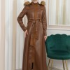 ZIPPERED FRONT HOODED LEATHER HIJAB COAT 1338 taba