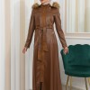 ZIPPERED FRONT HOODED LEATHER HIJAB COAT 1338 taba