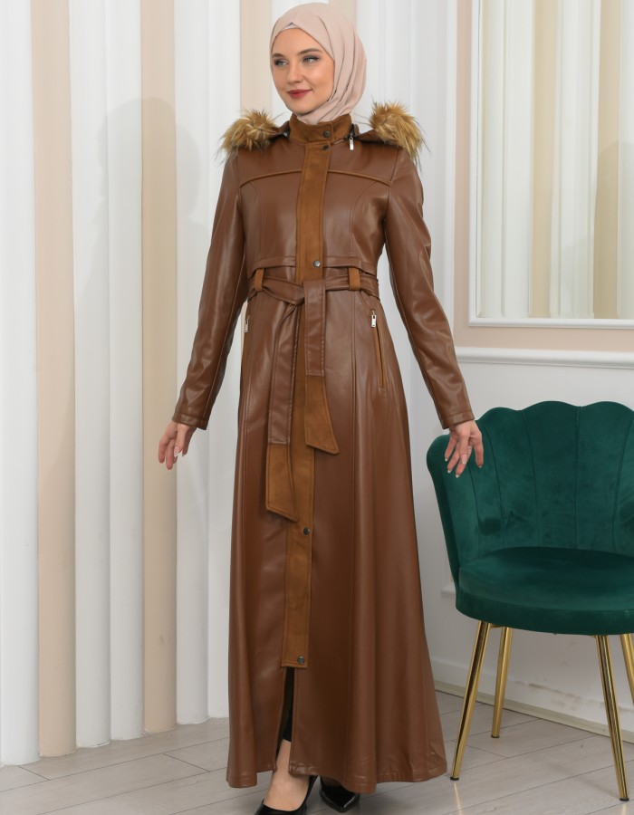 ZIPPERED FRONT HOODED LEATHER HIJAB COAT 1338 taba
