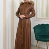 ZIPPERED FRONT HOODED LEATHER HIJAB COAT 1338 taba