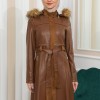 ZIPPERED FRONT HOODED LEATHER HIJAB COAT 1338 taba