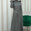 ZIPPERED FRONT HOODED LEATHER HIJAB COAT 1338 - gray