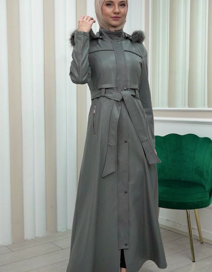 ZIPPERED FRONT HOODED LEATHER HIJAB COAT 1338 - gray