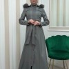ZIPPERED FRONT HOODED LEATHER HIJAB COAT 1338 - gray