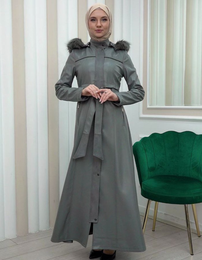 ZIPPERED FRONT HOODED LEATHER HIJAB COAT 1338 - gray