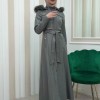 ZIPPERED FRONT HOODED LEATHER HIJAB COAT 1338 - gray