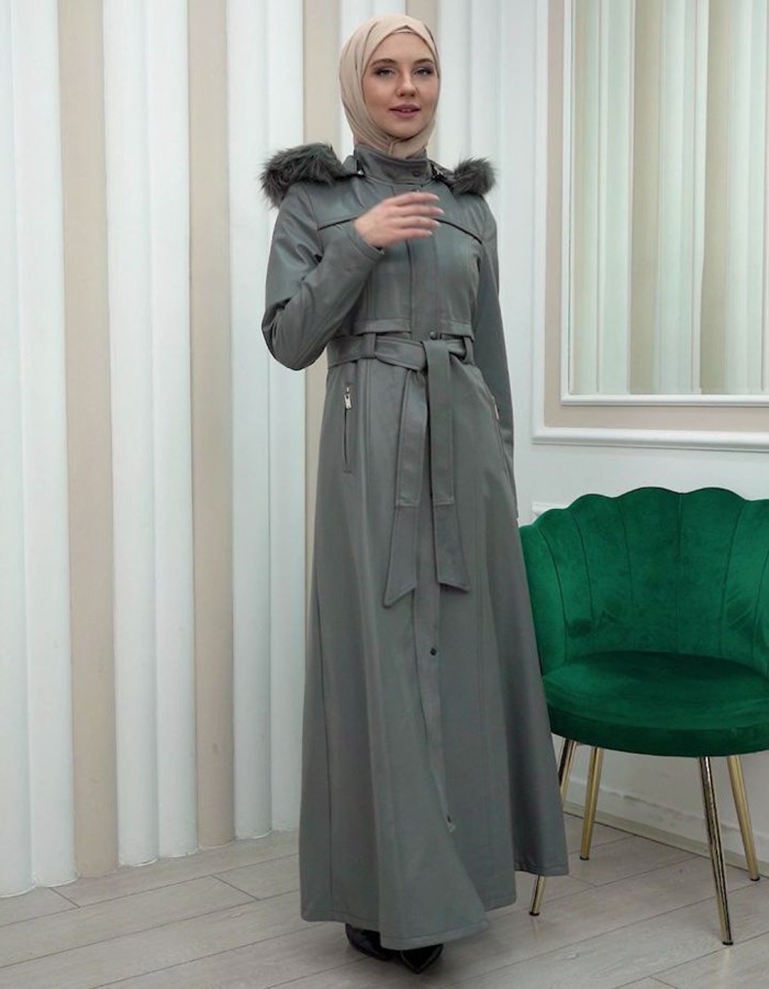 ZIPPERED FRONT HOODED LEATHER HIJAB COAT 1338 - gray