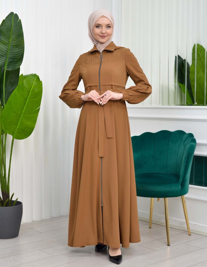 Hooded-Belted Hijab Topcoat 1206 with front zipper - tan