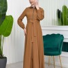 Hooded-Belted Hijab Topcoat 1206 with front zipper - tan
