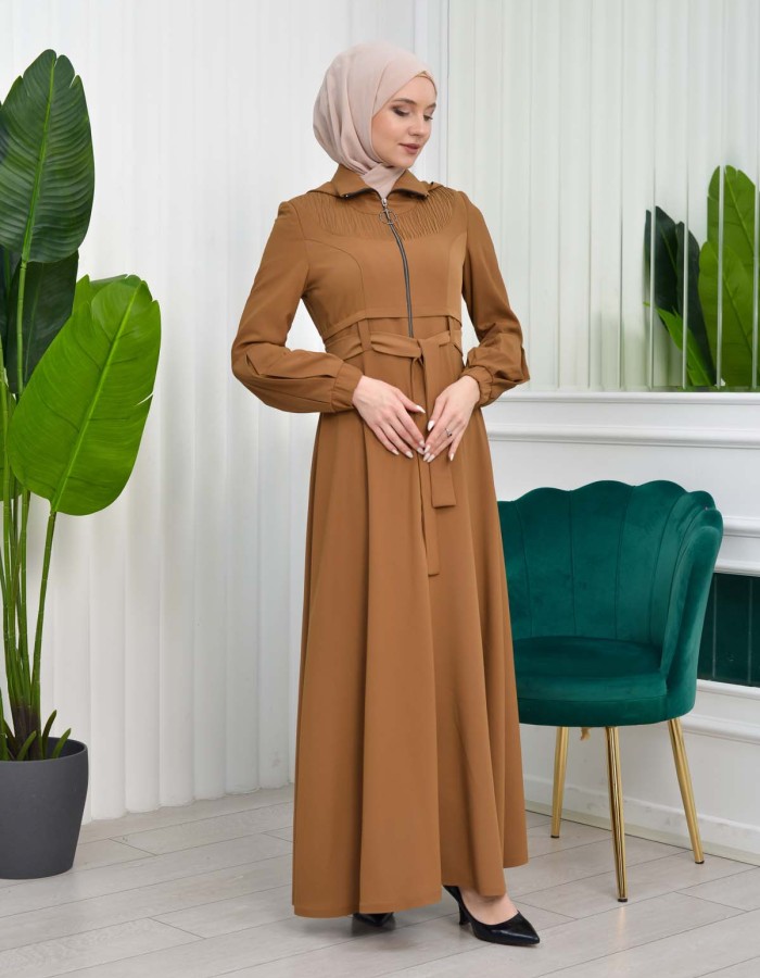 Hooded-Belted Hijab Topcoat 1206 with front zipper - tan