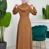 Hooded-Belted Hijab Topcoat 1206 with front zipper - tan