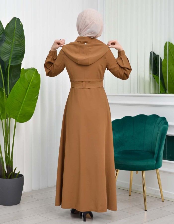 Hooded-Belted Hijab Topcoat 1206 with front zipper - tan