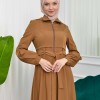 Hooded-Belted Hijab Topcoat 1206 with front zipper - tan