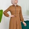 Hooded-Belted Hijab Topcoat 1206 with front zipper - tan