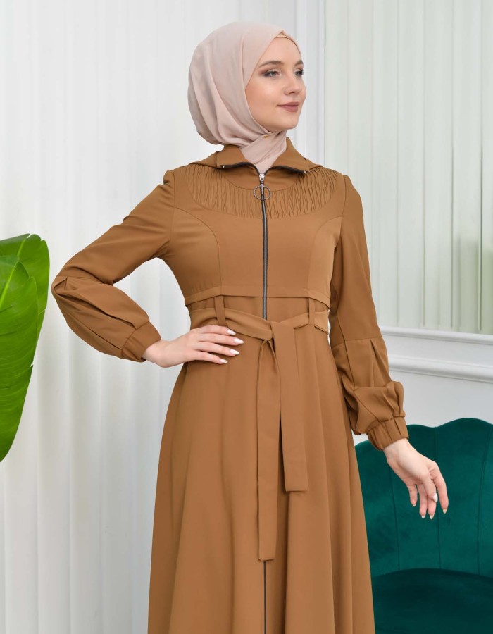 Hooded-Belted Hijab Topcoat 1206 with front zipper - tan