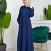 Hooded-Belted Hijab Topcoat  with front zipper 1206 - deep blue