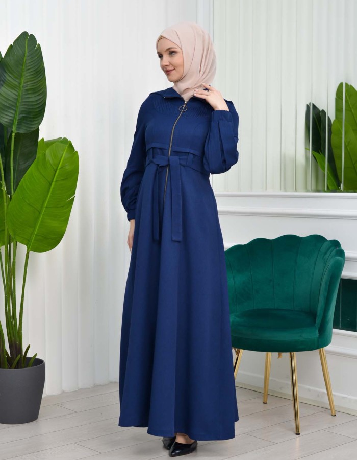 Hooded-Belted Hijab Topcoat  with front zipper 1206 - deep blue