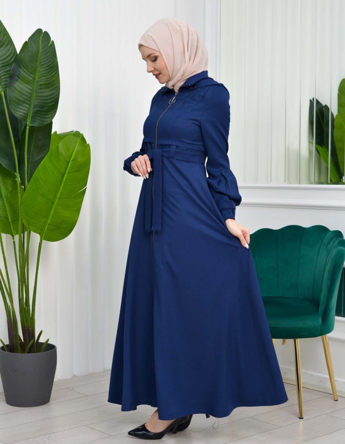 Hooded-Belted Hijab Topcoat  with front zipper 1206 - deep blue