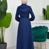 Hooded-Belted Hijab Topcoat  with front zipper 1206 - deep blue