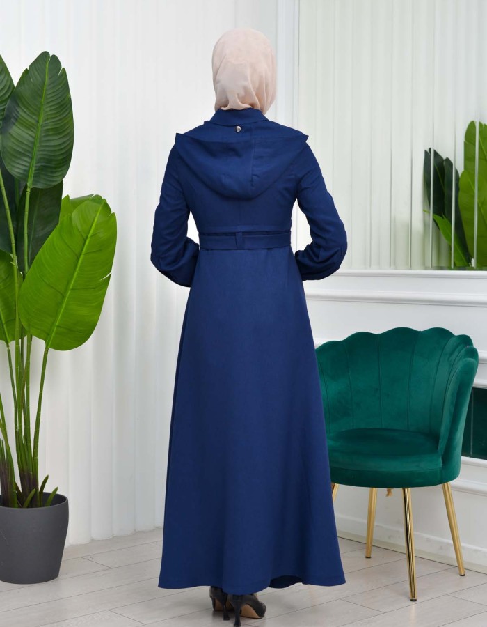 Hooded-Belted Hijab Topcoat  with front zipper 1206 - deep blue