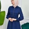 Hooded-Belted Hijab Topcoat  with front zipper 1206 - deep blue