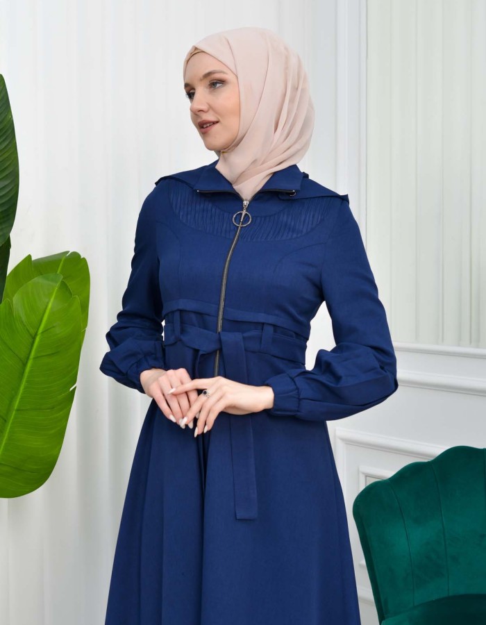 Hooded-Belted Hijab Topcoat  with front zipper 1206 - deep blue