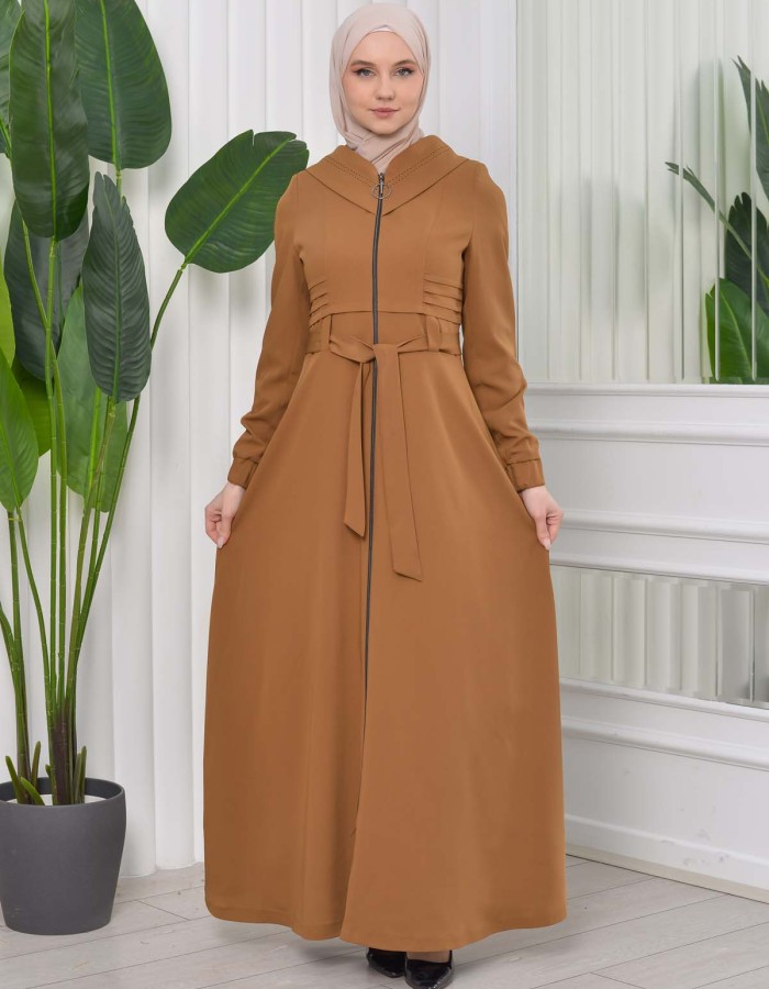 Hooded-Belted Hijab Topcoat 1204 with front zipper taba