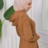 Hooded-Belted Hijab Topcoat 1204 with front zipper taba