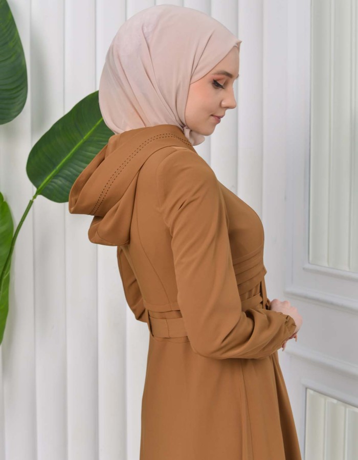 Hooded-Belted Hijab Topcoat 1204 with front zipper taba