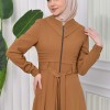 Hooded-Belted Hijab Topcoat 1204 with front zipper taba