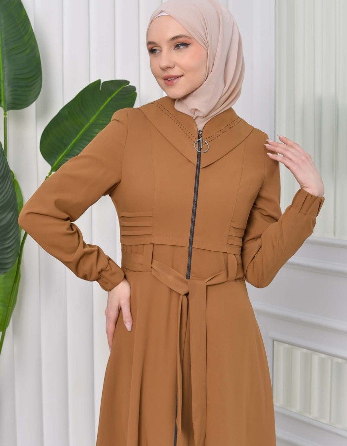Hooded-Belted Hijab Topcoat 1204 with front zipper taba
