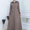 Hooded-Belted Hijab Topcoat 1213 with front zipper - beige