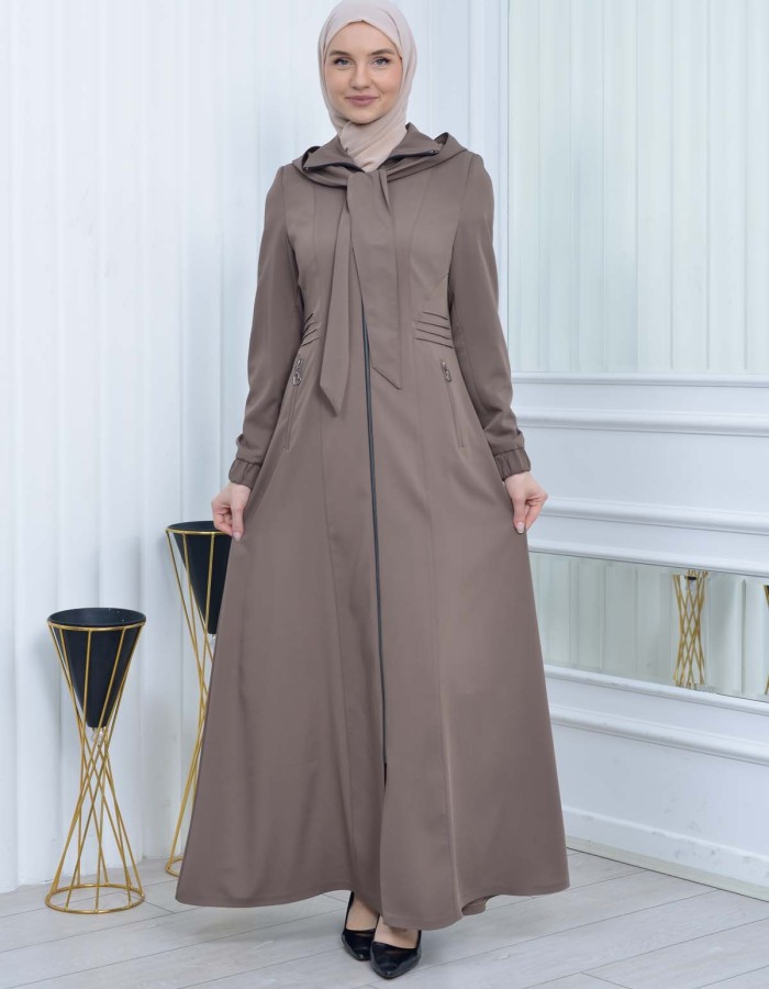 Hooded-Belted Hijab Topcoat 1213 with front zipper - beige