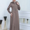 Hooded-Belted Hijab Topcoat 1213 with front zipper - beige