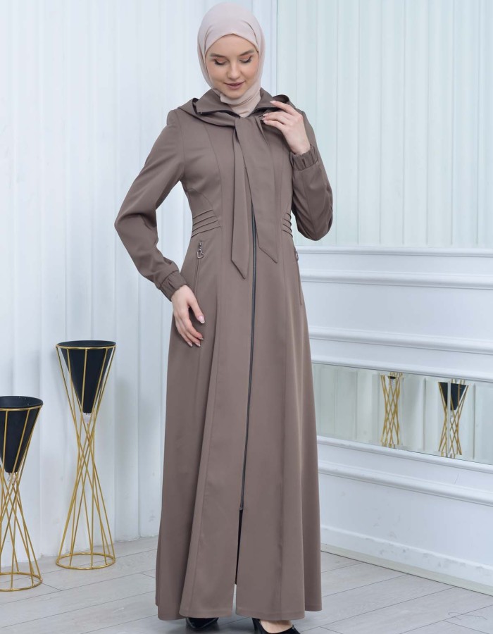 Hooded-Belted Hijab Topcoat 1213 with front zipper - beige