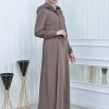 Hooded-Belted Hijab Topcoat 1213 with front zipper - beige