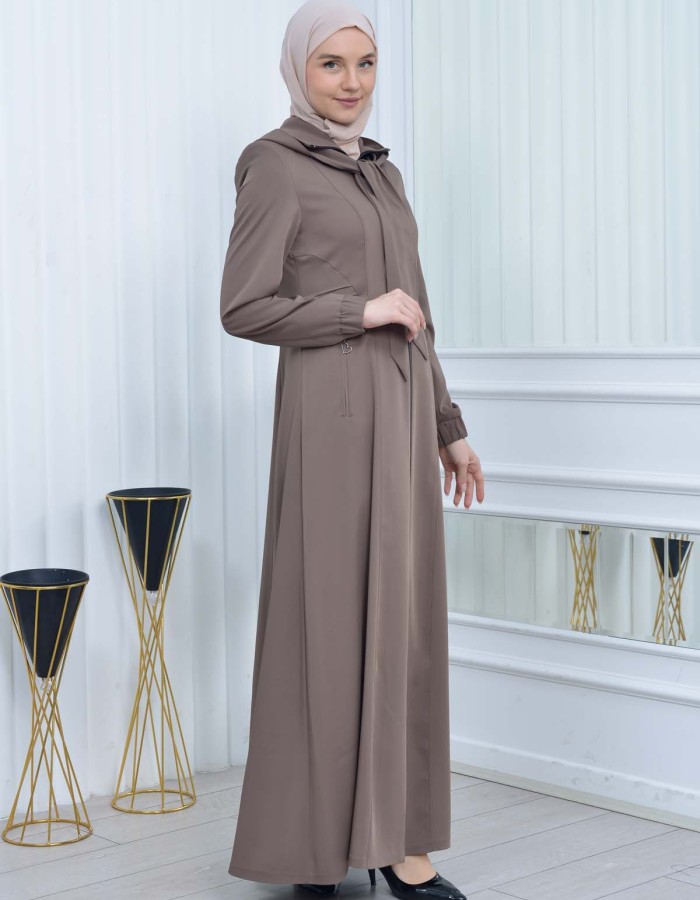 Hooded-Belted Hijab Topcoat 1213 with front zipper - beige