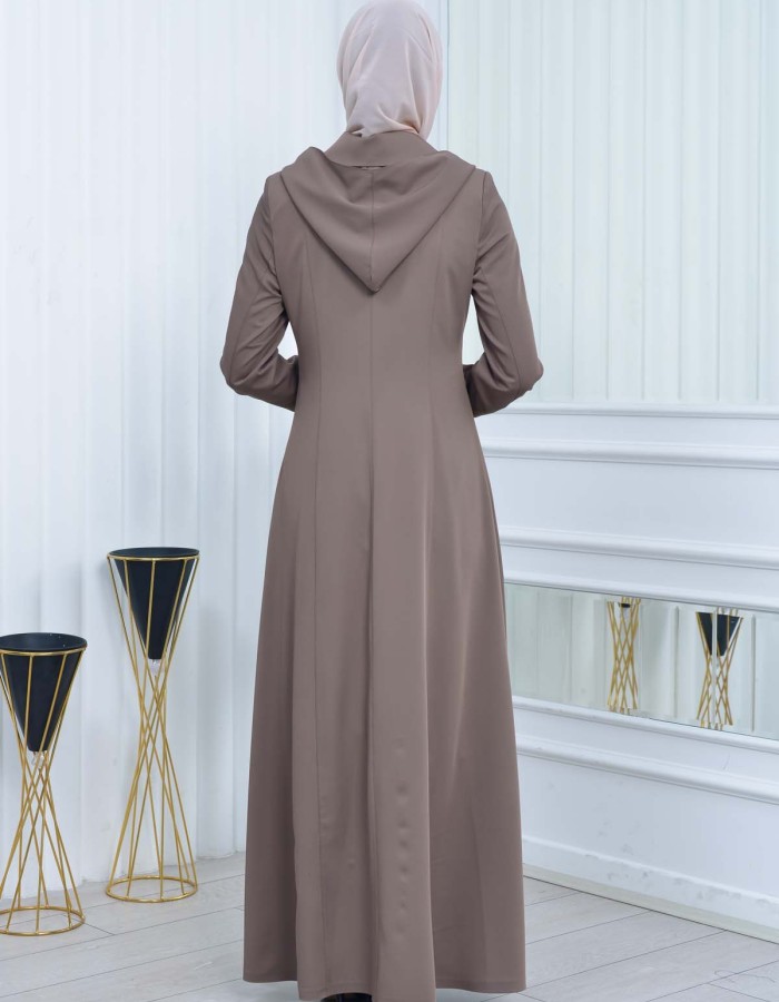 Hooded-Belted Hijab Topcoat 1213 with front zipper - beige