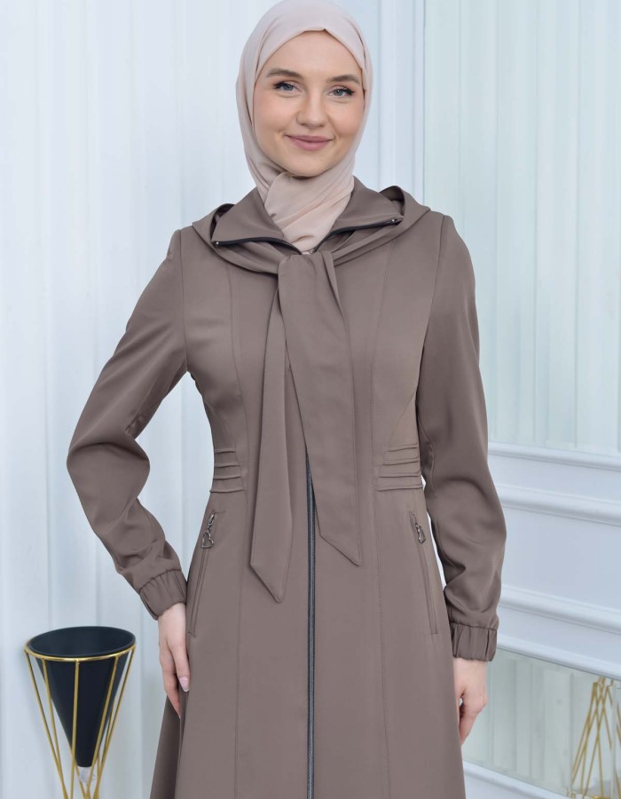 Hooded-Belted Hijab Topcoat 1213 with front zipper - beige
