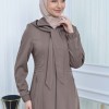 Hooded-Belted Hijab Topcoat 1213 with front zipper - beige
