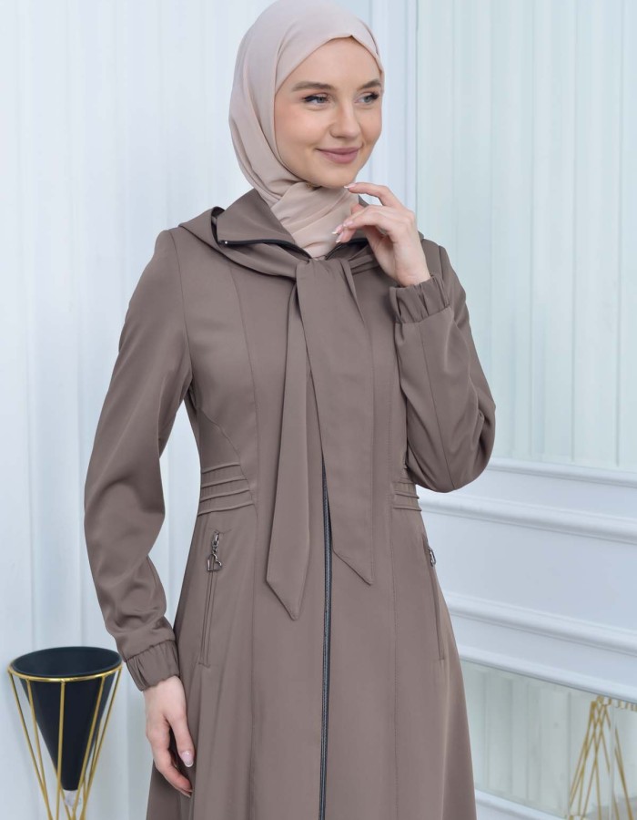 Hooded-Belted Hijab Topcoat 1213 with front zipper - beige