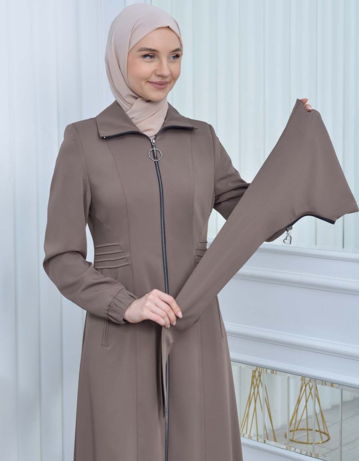 Hooded-Belted Hijab Topcoat 1213 with front zipper - beige